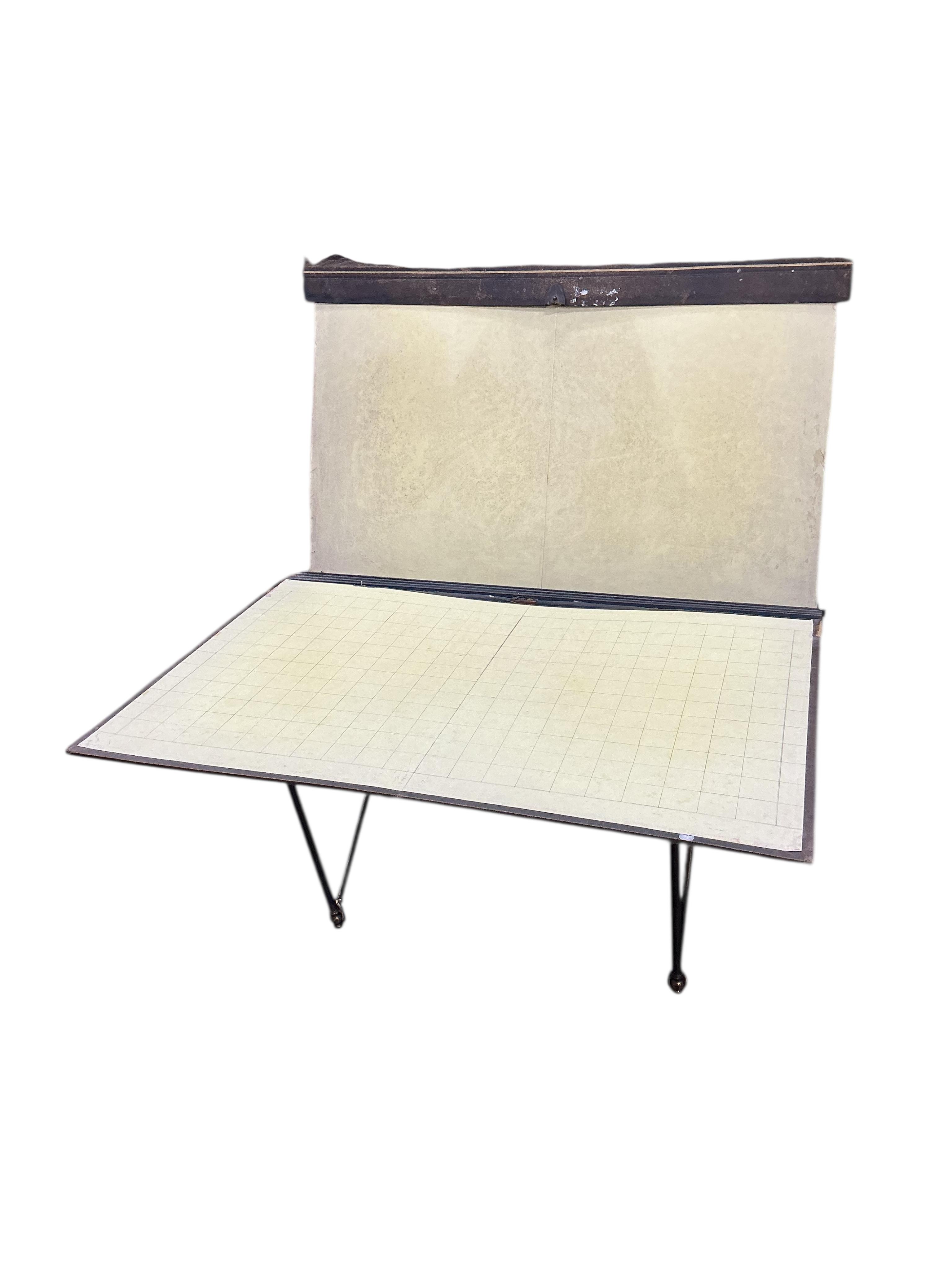 A Victorian brass mounted oak and leather portfolio stand, width 92cm, height 111cm